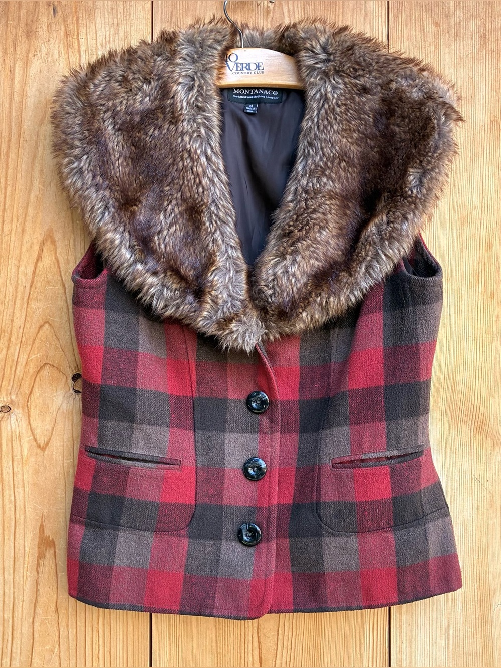 Montanaco Plaid Faux Fur Vest Sz Medium